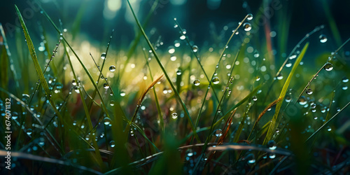 A Serene Morning Dew on Vibrant Green Blades of Grass