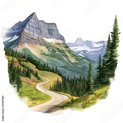 Watercolor illustration of Going to the Sun Road in Glacier National Park, isolated photo