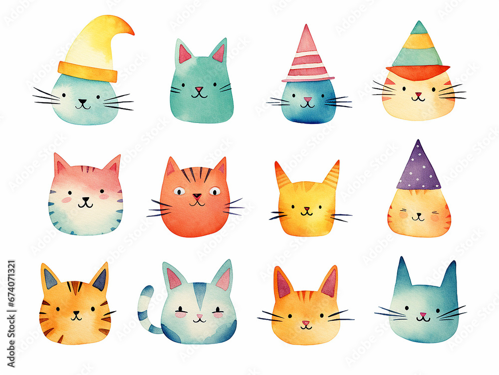 Watercolor set of festive cats with party caps icons on white background