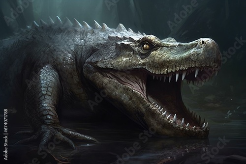 A massive reptile-like water creature with a crocodile head and menacing teeth. Generative AI