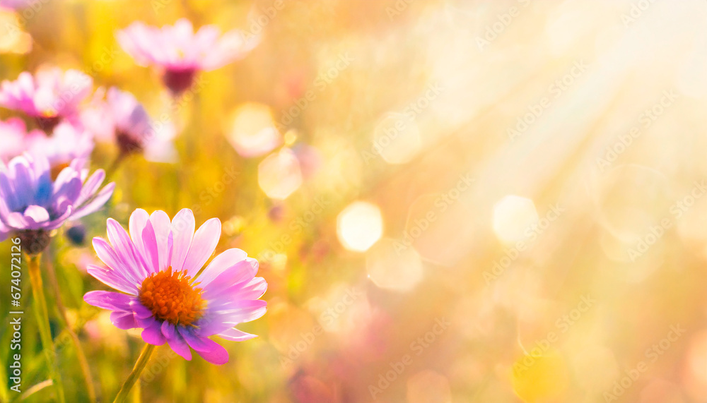 Colorful flower meadow with sun rays and bokeh lights in summer - natural background. AI Generated