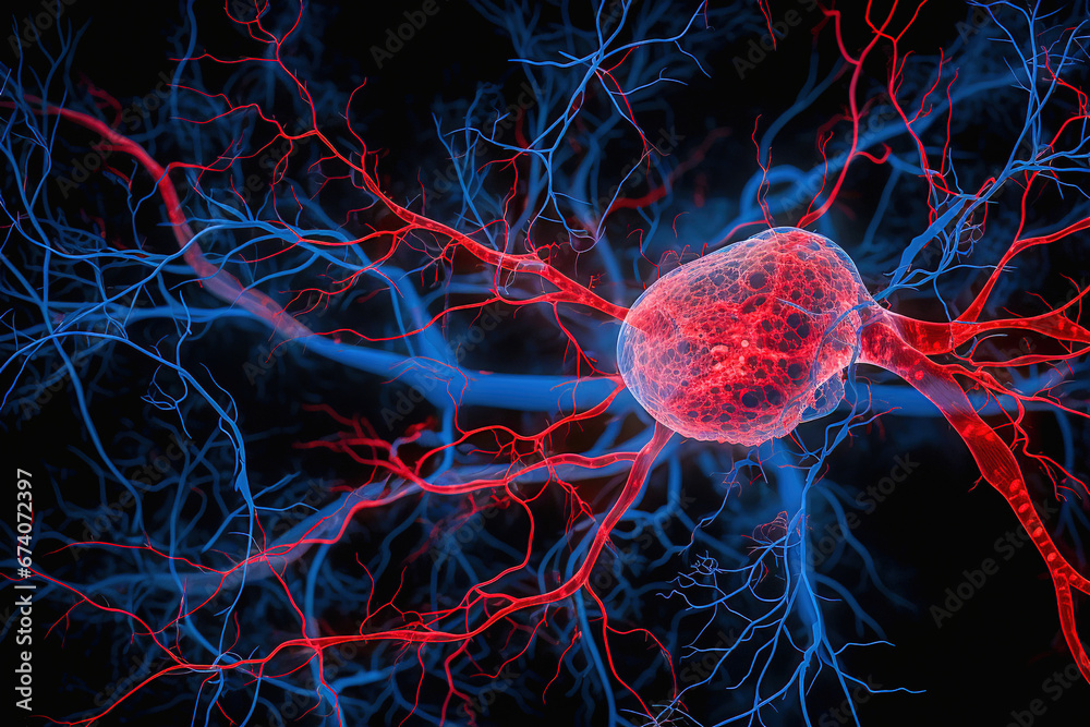 Illustration of neurons, blood vessels, tumor in red and blue colors. - obrazy, fototapety, plakaty 