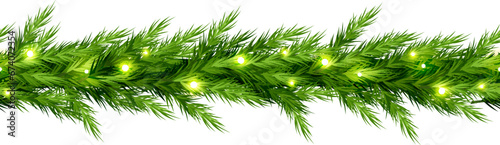 Christmas horizontal seamless border with green fir branches and Christmas lights. Vector illustration