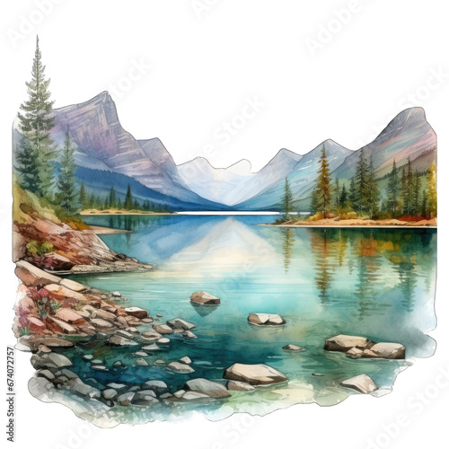 Glacier National Park - lake in the mountains - isolated on white background. Watercolor style