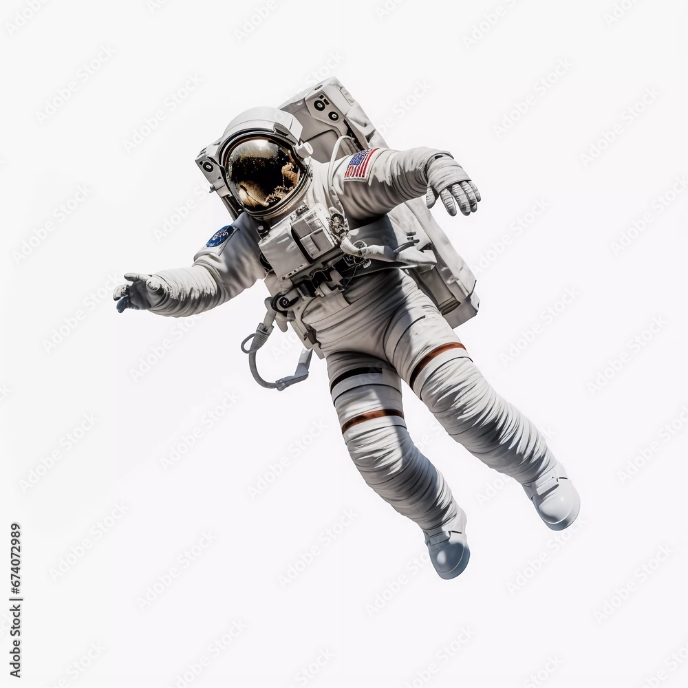 Fully clothed astronaut flying in zero gravity, on an isolated white background Fully clothed astronaut flying in zero gravity, on an isolated white background