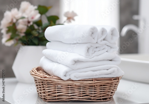Wicker basket with white towels on table in bathroom