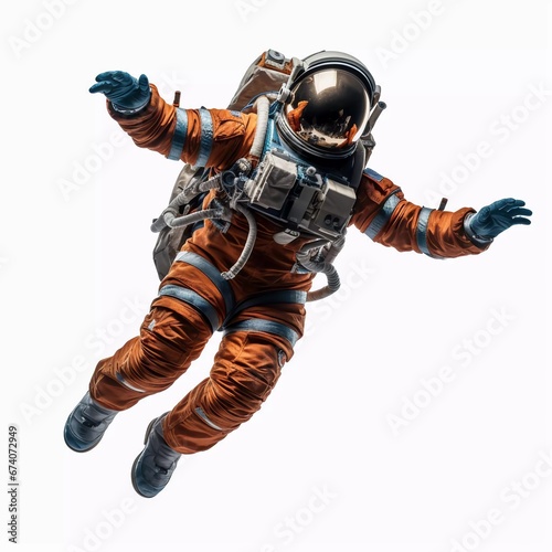 Fully clothed astronaut flying in zero gravity, on an isolated white background
