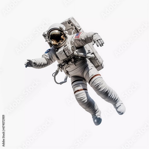 Fully clothed astronaut flying in zero gravity, on an isolated white background