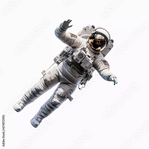 Fully clothed astronaut flying in zero gravity, on an isolated white background