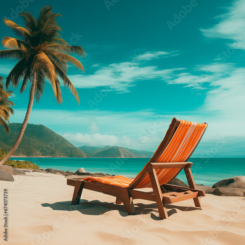 Folding lounger on the beach  palm trees and sea or ocean. Beach holiday  sunbathing. Empty beach lounger near the water. Sunny warm weather