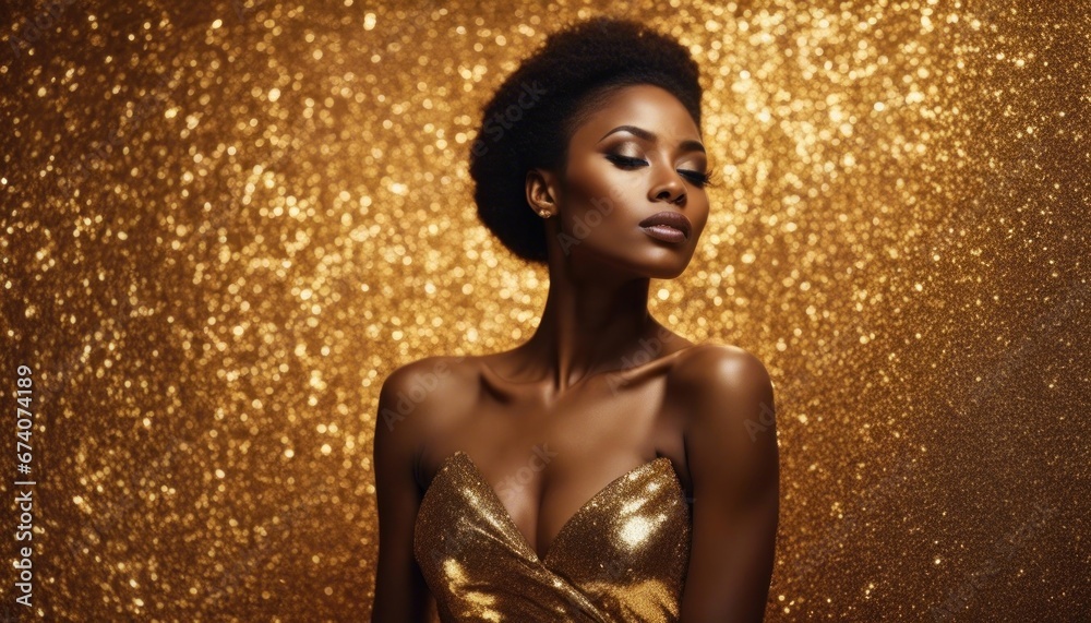 African American woman in gold on golden sparkling background,