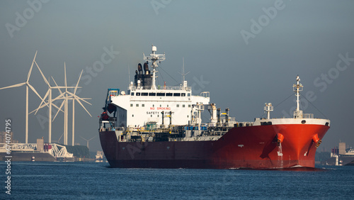 Chemical or oil tanker ship transporting goods over the North Sea, from the Port of Rotterdam, the Netherlands