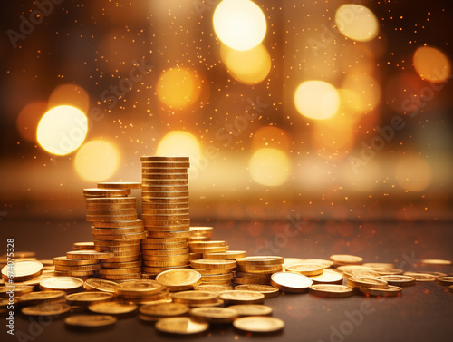 Stacking and pile of gold coins on the table with bokeh background. Gold and financing concept design and setting out.