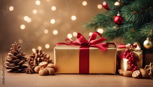 Christmas tree composition on light gold background with beautiful Golden gift box with red ribbon