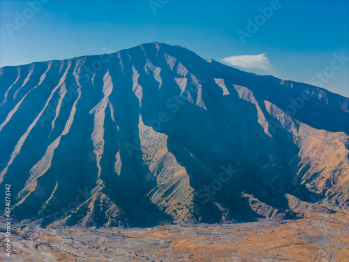 Aerial landscape view of the Bromo, an active volcano in Tengger Semeru National Park in East Java, Indonesia. photo