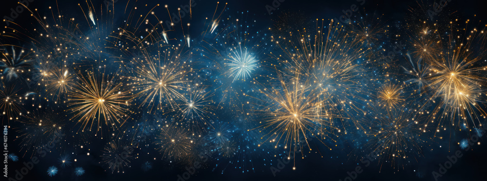 Festive Fireworks Frame on Dark Gold and Blue Background - obrazy, fototapety, plakaty 