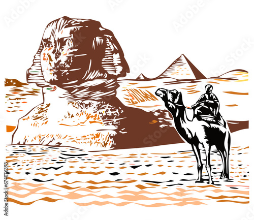 the Sphinx and pyramids with man on camel 