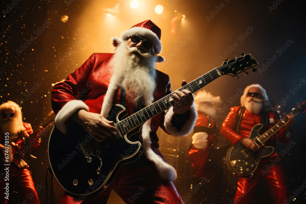 Obraz premium New Year's Party. New Year's Eve concert with Santa Claus and lively rock band