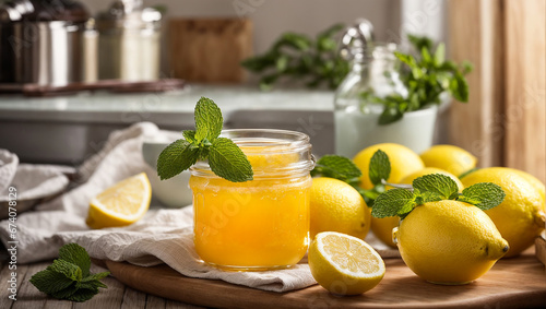 Jam with lemon and mint on the table