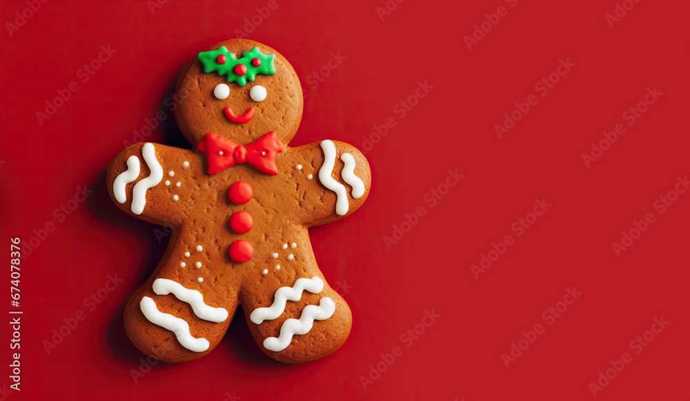 Homemade gingerbread man cookie on a red background.  Christmas and new year concept. Top view.  Copy space for text, advertising, message, logo. ar 16:9