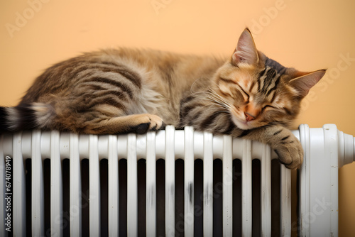 Tabby cat sleeping on white heating radiator in front of orange wall