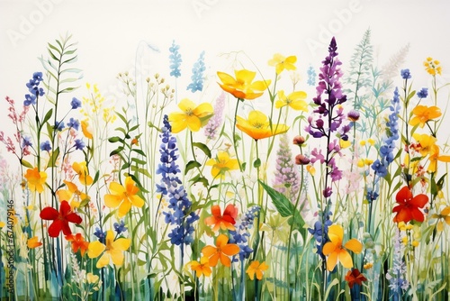 Colorful botanical artwork with blooming plants. Wide  isolated painting of a sunny meadow. Fits card  banner  or design needs. Generative AI