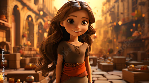 caricatura de niña latina de cabello castaño y ojos grandes en un pueblo pintoresco