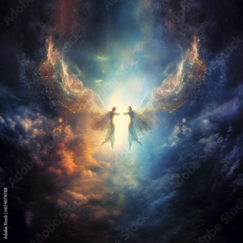 ángeles en el universo transcendiendo y disfrutando la luz divina vida después de la muerte  photo