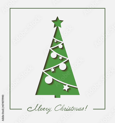 Greeting Christmas card. Christmas tree using cut paper technique.