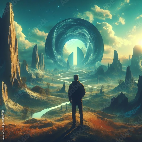 Surreal landscape of a man standing in front of a portal to another dimension © Damian