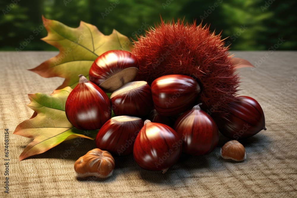 Autumn Chestnuts and Leaves on Textured Cloth Autumn Chestnuts and Leaves on Textured Cloth