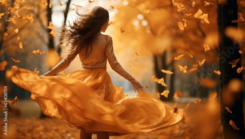 Woman Dancing with Autumn leaves falling around her