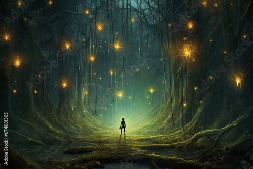 an individual amidst a mystical woodland surrounded by luminous bugs. Generative AI