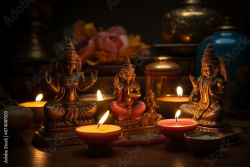 celebration of Diwali with worship of deities. Generative AI