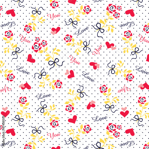 Roses pattern with hearts in polka dots background