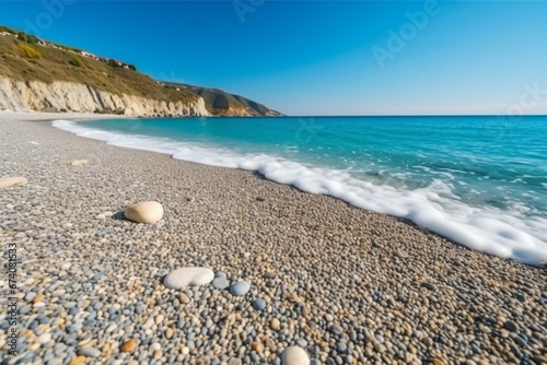 Scenic view of sunny beach with calm turquoise sea and pebbles. Generative AI