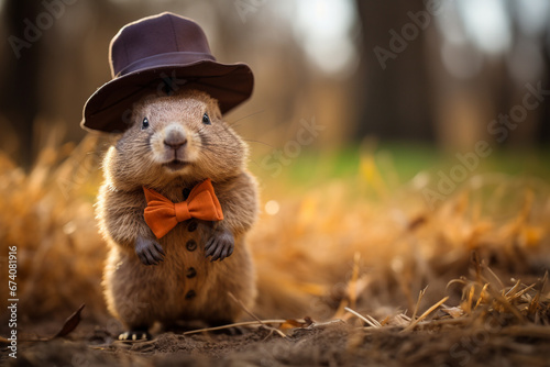 Groundhog Day. February 2nd, Punxsutawney Phil, hat, happy and smiling. folklore, superstition, weather forecasting, symbol of anticipation for changing seasons. banner, greeting card, copy space.