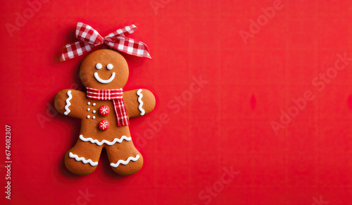 Homemade gingerbread girl cookie on a red background. Christmas and new year concept. Top view. Copy space for text, advertising, message, logo. ar 16:9