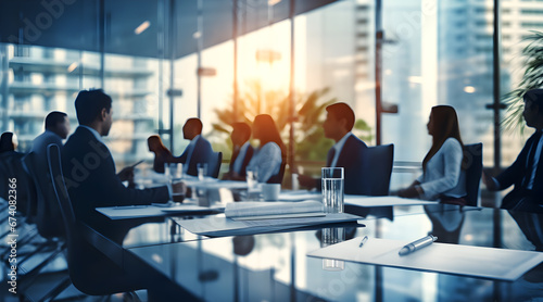 Meeting room, conference room or office with business people gathered. Blurred image, unrecognizable faces and copy space.