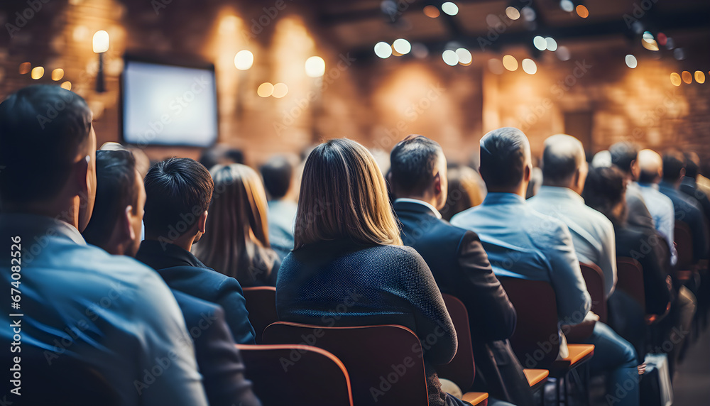 Business people or blurred people listening in a meeting room, conference or seminar. Copy space.