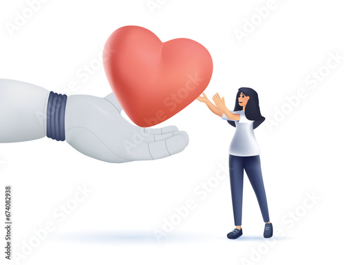 Love, human and robotic concept 3D illustration. Human and robot hands holding red heart together as symbol of love care and tenderness 3D vector illustration