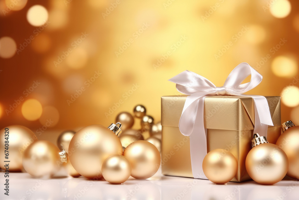 Christmas gift box wrapped in gold decorative paper, on a table, tied with gold ribbon, Christmas tree balls, and Christmas decorations, in the background with a golden bokeh effect. Close-up Christmas gift box wrapped in gold decorative paper, on a table, tied with gold ribbon, Christmas tree balls, and Christmas decorations, in the background with a golden bokeh effect. Close-up