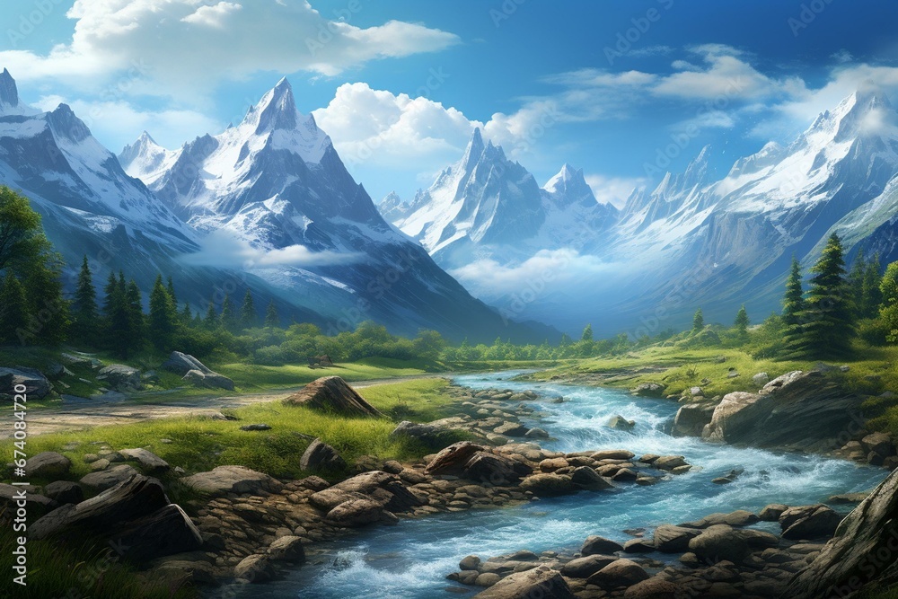 Realistic landscape with mountains as a high-quality wallpaper. Generative AI