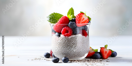 Delicious chia pudding with fresh berries in a glass jar on table with blurred background, healthy dessert concept 