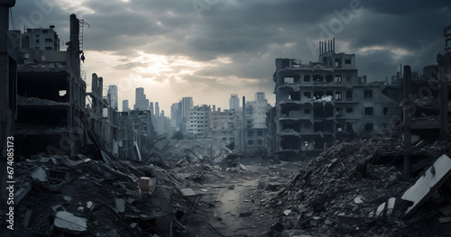 destroyed city, house explosions, burned city street, Smoke rise, bombed destroyed buildings, Apocalyptic view, photo
