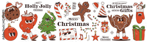 Retro groovy christmas characters, elements and phrases. 60 -70s vibes sticker set. Merry Christmas and Happy New Year. Vector Illustration.	