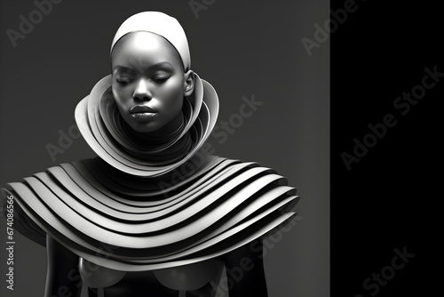Fashion Concept. Closeup portrait of androgynous woman portrait in avant garde architectural futuristic edgy outfit. illuminated dynamic composition. sensual, advertisement, magazine. copy space