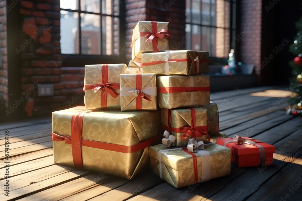 Christmas Gifts Presents Boxes Wrapped in Gold Red Green Paper and Ribbons with Bows in a Cosy Festive Setting Surrounded by Festive Decorations Pile Multiple holiday scene Christmas Gifts Presents Boxes Wrapped in Gold Red Green Paper and Ribbons with Bows in a Cosy Festive Setting Surrounded by Festive Decorations Pile Multiple holiday scene