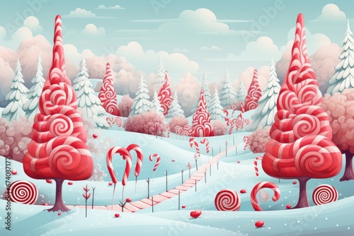 A magical forest with candy cane trees in fairy tale
