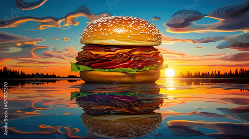 A burger reflecting the mesmerizing colors of a spiraling, vibrant sunset Ai Generative